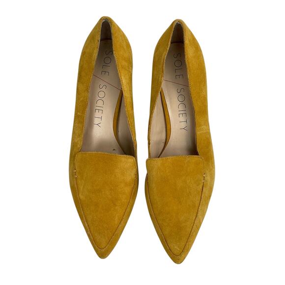 Sole Society Mustard Suede Leather Pointed Toe Block Heel Slip On Pumps Shoes 10 - Picture 2 of 6